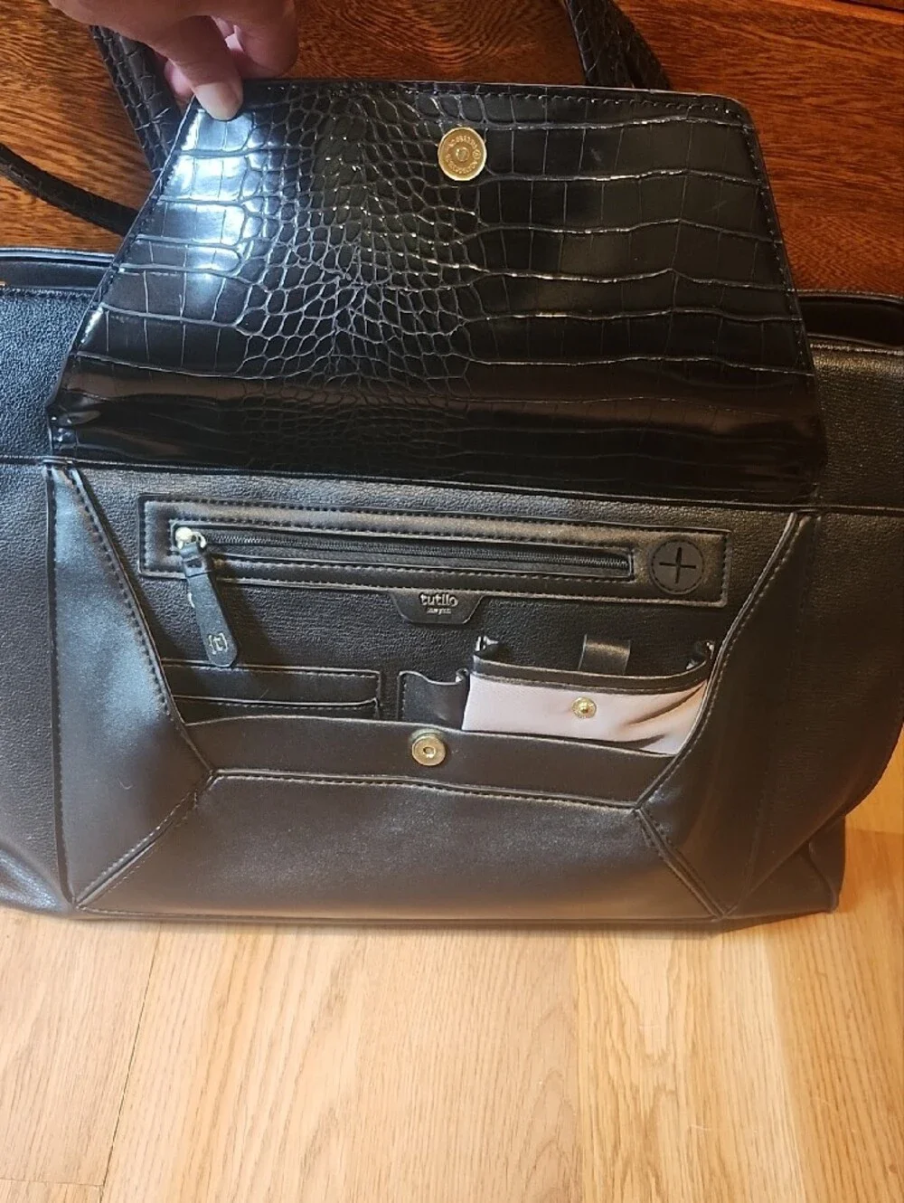 Black Structured Tablet Tote Bag with Croc-Texture Flap